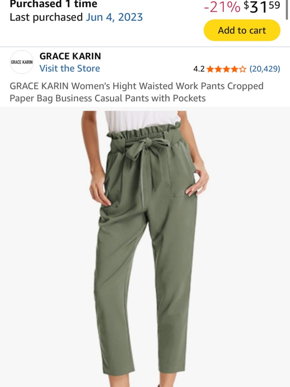Grace Karin high waisted Olive Green Paperbag Cropped business casual Pants